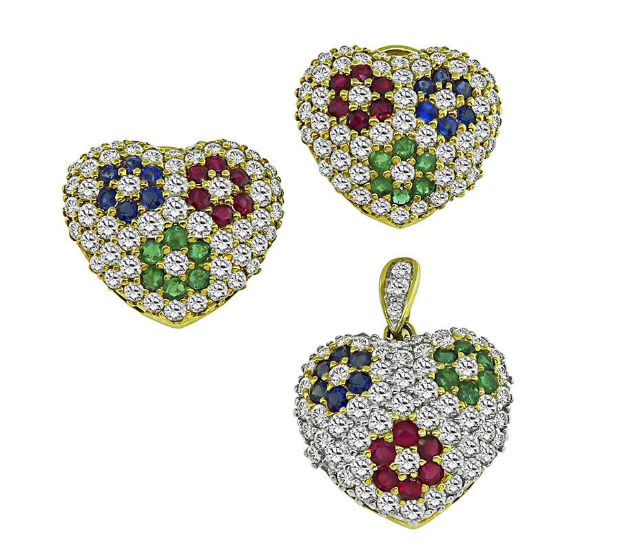 Estate 8.50ct Diamond Multi Color Precious Stone Heart Pendant and Earrings Set