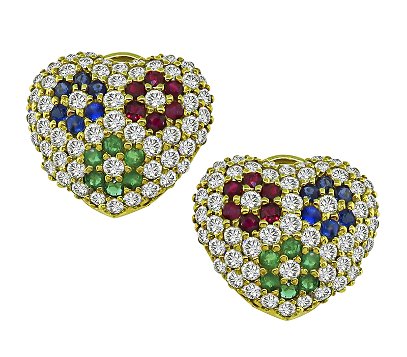Estate 8.50ct Diamond Multi Color Precious Stone Heart Pendant and Earrings Set