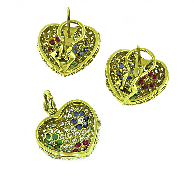 Estate 8.50ct Diamond Multi Color Precious Stone Heart Pendant and Earrings Set