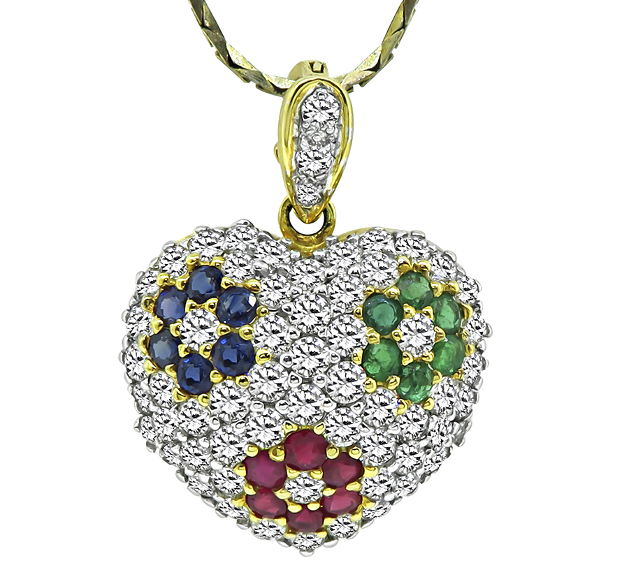 Estate 8.50ct Diamond Multi Color Precious Stone Heart Pendant and Earrings Set