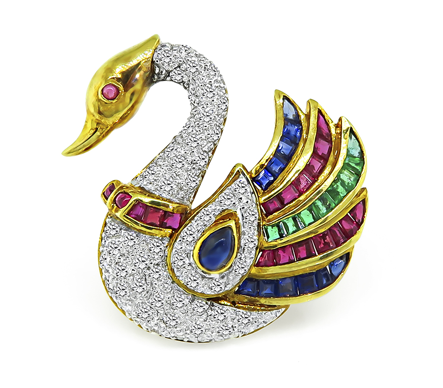 Estate 0.75ct Diamond 1.00ct Precious Stone Gold Swan Pin