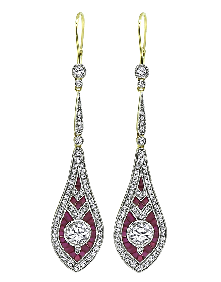 Estate 1.80ct Diamond 1.50ct Ruby Gold Drop Earrings