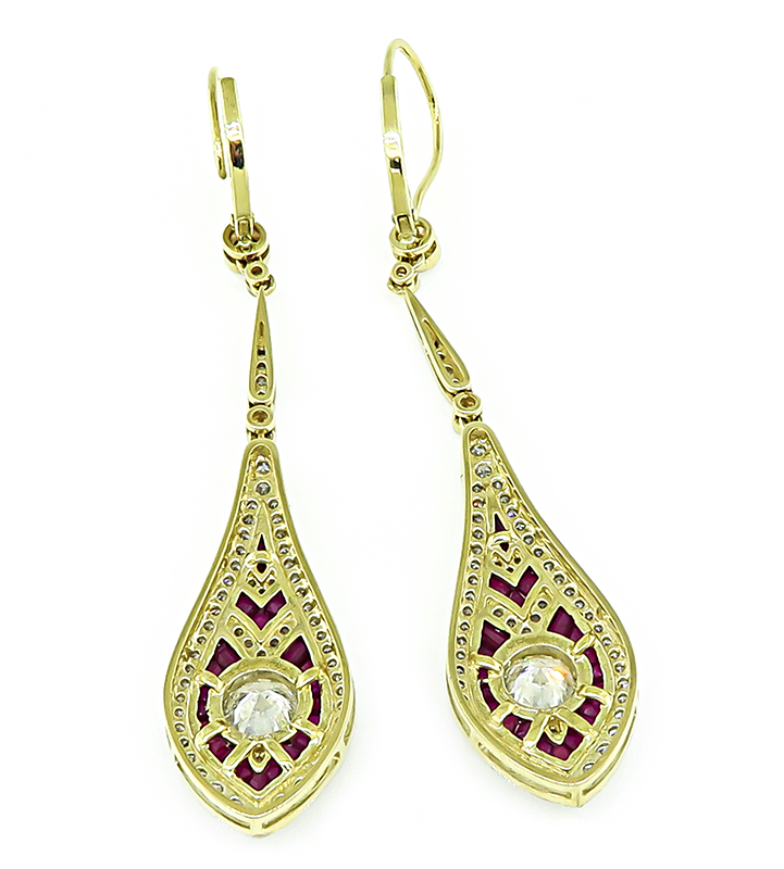 Estate 1.80ct Diamond 1.50ct Ruby Gold Drop Earrings