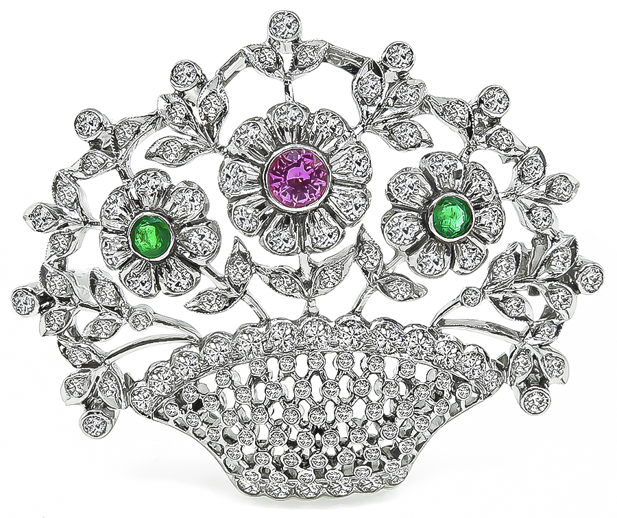 Estate 2.00ct Diamond Emerald Ruby Basket Pin