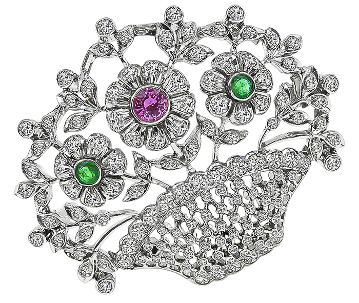 Estate 2.00ct Diamond Emerald Ruby Basket Pin