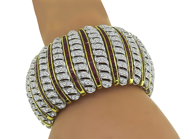 Round Cut Diamond Square Cut Ruby Two Tone 18k Yellow and White Gold Bracelet