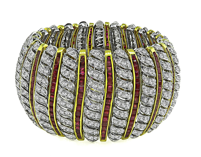 Round Cut Diamond Square Cut Ruby Two Tone 18k Yellow and White Gold Bracelet