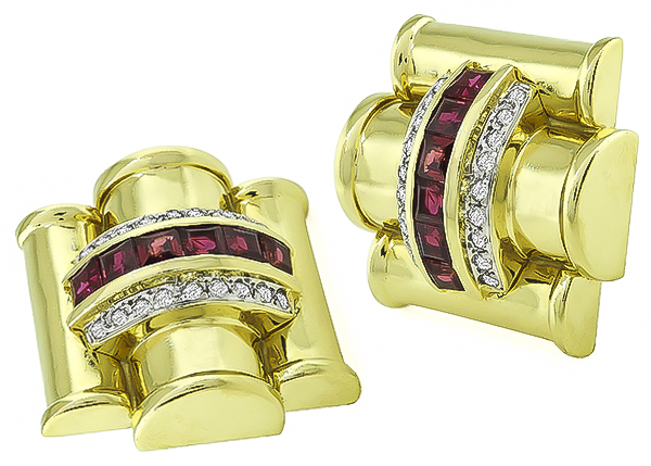 Estate 1.00ct Diamond Ruby Gold Earrings