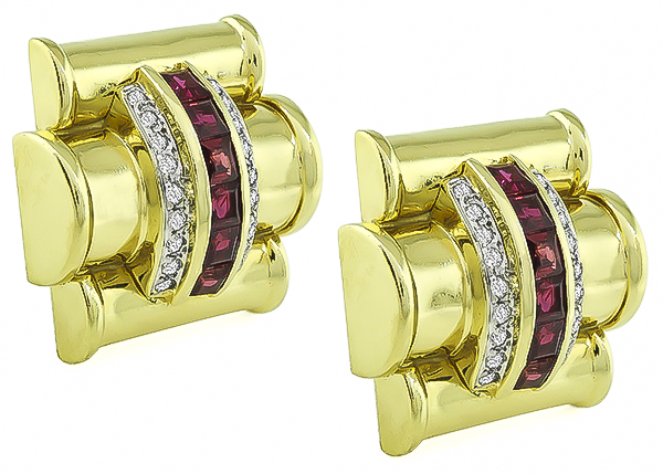 Estate 1.00ct Diamond Ruby Gold Earrings