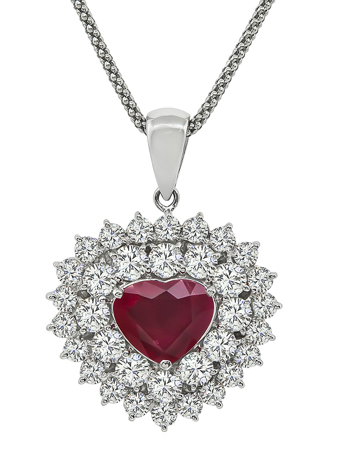 Estate 3.01ct Diamond 1.99ct Ruby Heart Pendant Necklace
