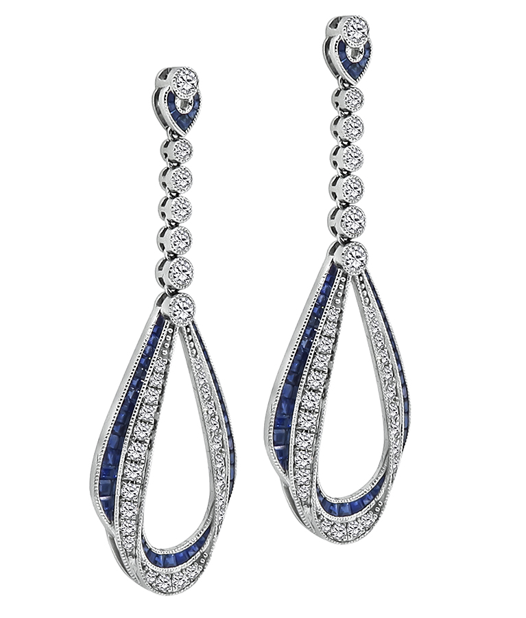 Estate 2.50ct Diamond 2.00ct Sapphire Dangling Earrings