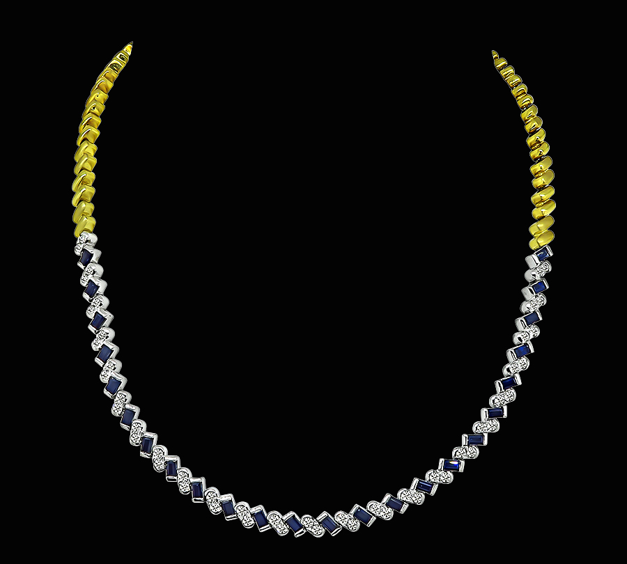 Estate 2.00ct Diamond 1.50ct Sapphire Two Tone Yellow and White Gold Necklace