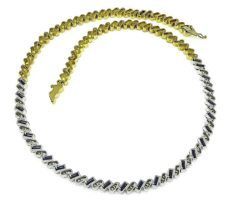 Estate 2.00ct Diamond 1.50ct Sapphire Two Tone Yellow and White Gold Necklace