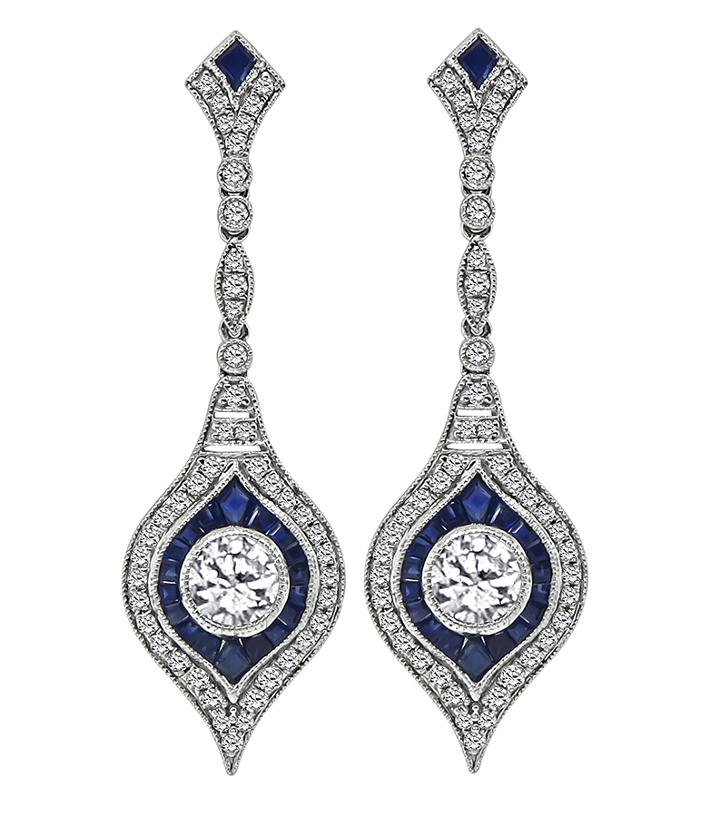 Estate 1.80ct Diamond 1.00ct Sapphire Dangling Earrings