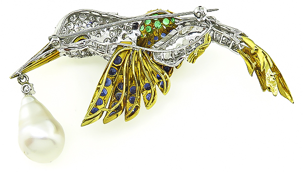 Estate 6.50ct Diamond 4.50ct Sapphire 1.00ct Emerald South Sea Pearl Humming Bird Pin