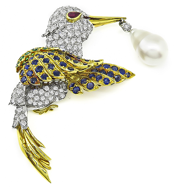 Estate 6.50ct Diamond 4.50ct Sapphire 1.00ct Emerald South Sea Pearl Humming Bird Pin