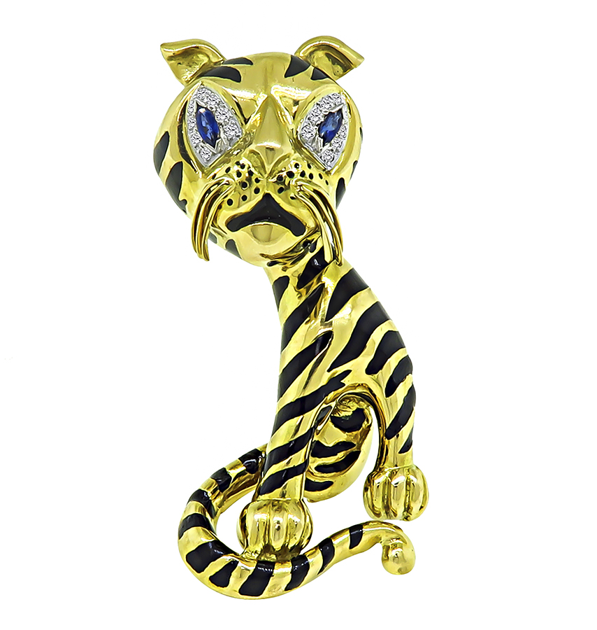 Estate Sapphire Diamond Enamel Gold Tiger Pin