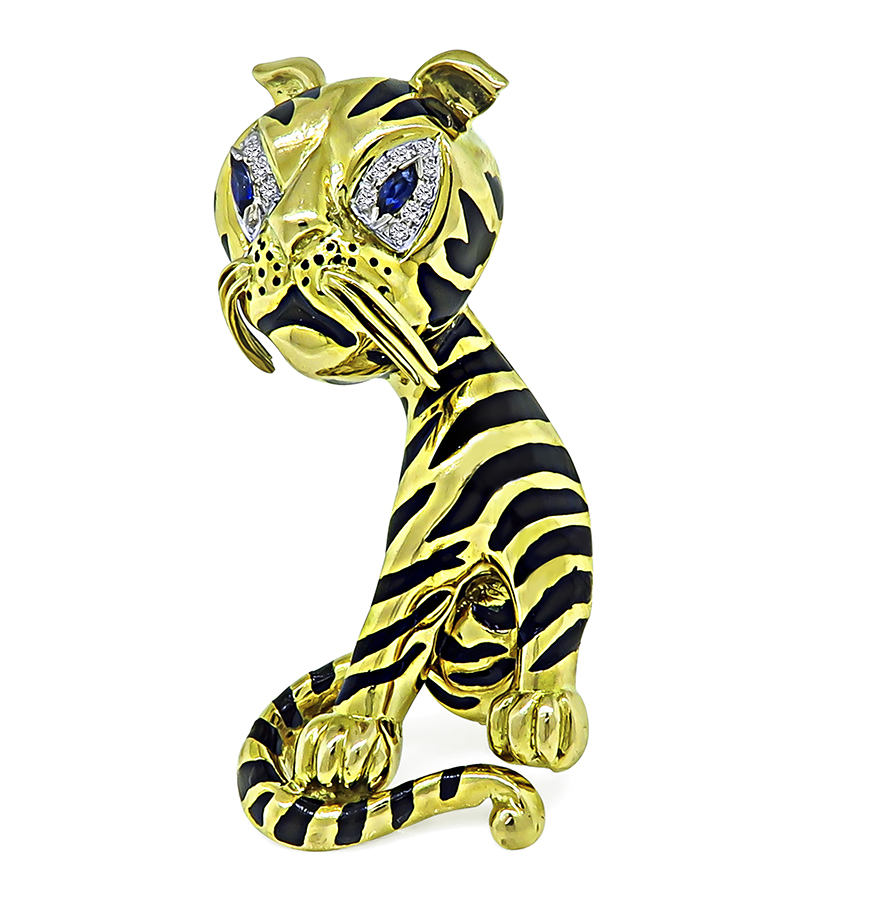 Estate Sapphire Diamond Enamel Gold Tiger Pin