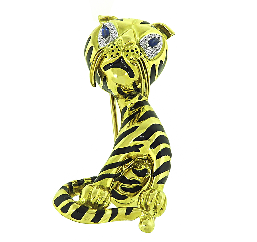 Estate Sapphire Diamond Enamel Gold Tiger Pin