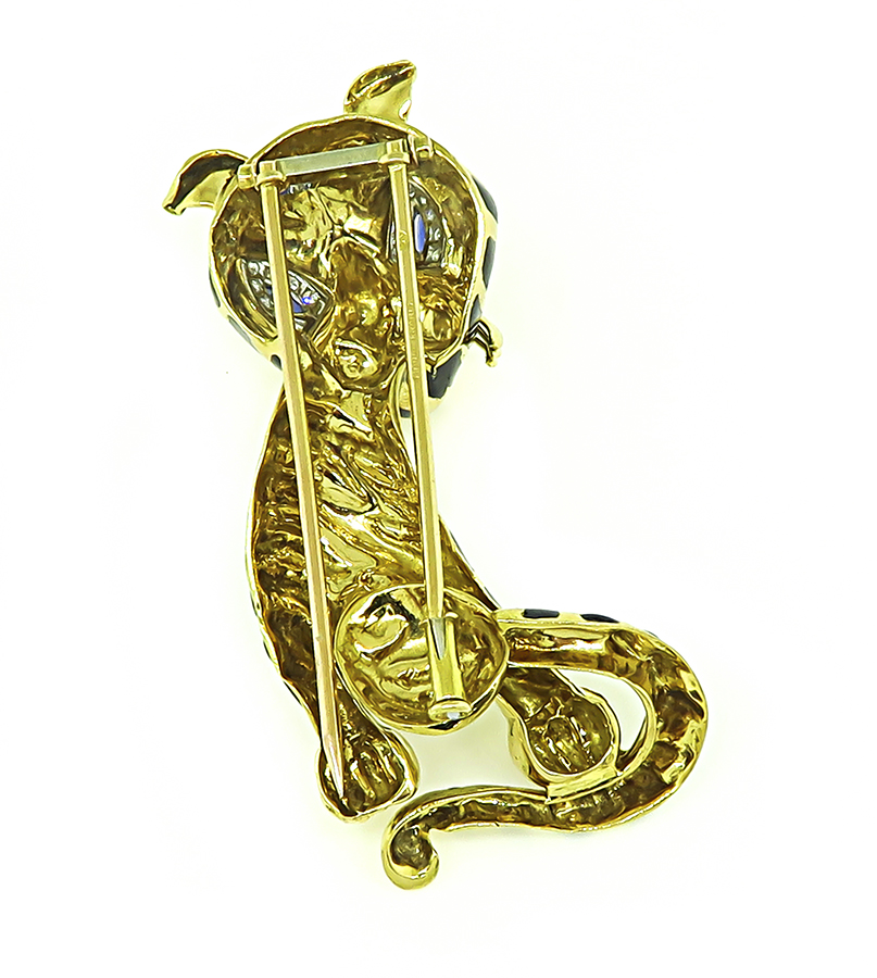 Estate Sapphire Diamond Enamel Gold Tiger Pin