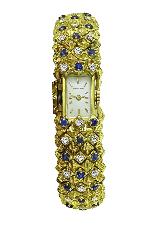 Estate 1.50ct Diamond 2.00ct Sapphire Yellow Gold Watch Bracelet