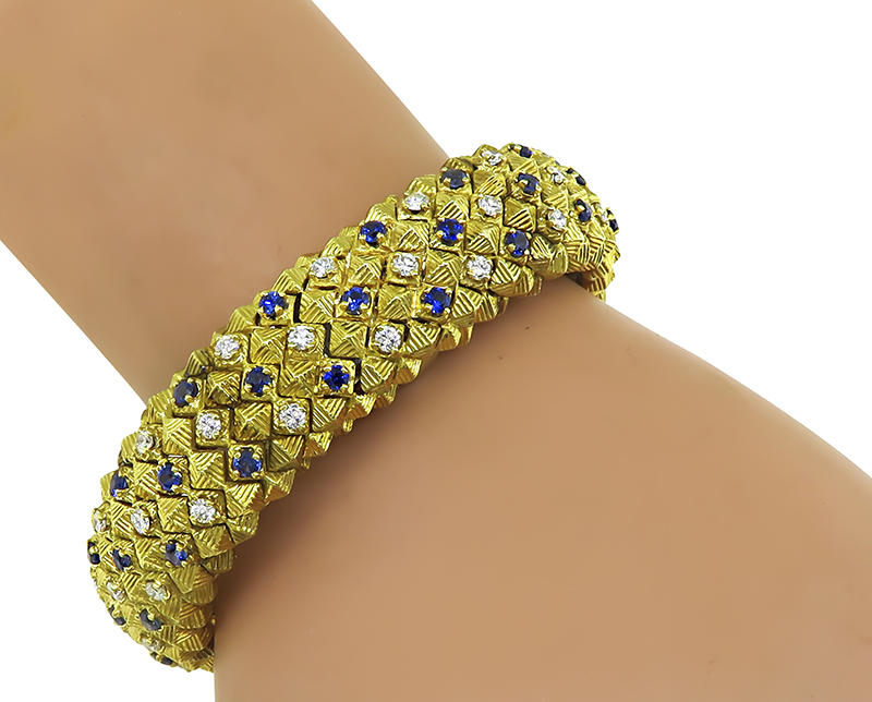 Estate 1.50ct Diamond 2.00ct Sapphire Yellow Gold Watch Bracelet