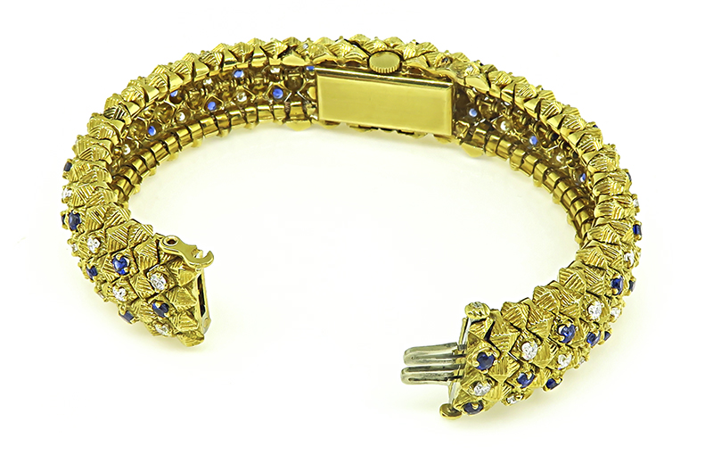 Estate 1.50ct Diamond 2.00ct Sapphire Yellow Gold Watch Bracelet