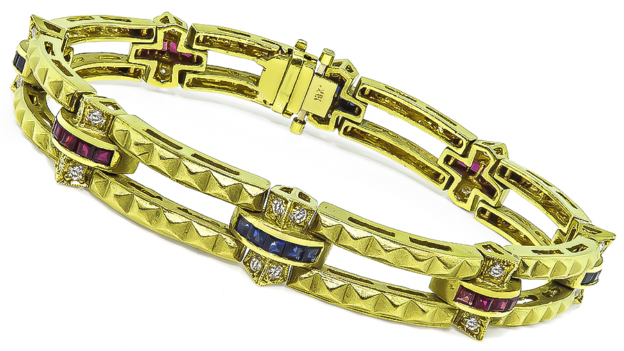 Estate 1.00ct Diamond 0.80ct Sapphire 0.80ct Ruby Gold Bracelet