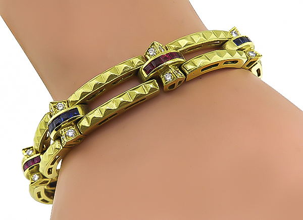 Estate 1.00ct Diamond 0.80ct Sapphire 0.80ct Ruby Gold Bracelet