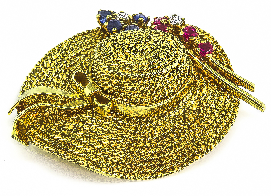 Vintage Diamond Sapphire Ruby Gold Hat Pin