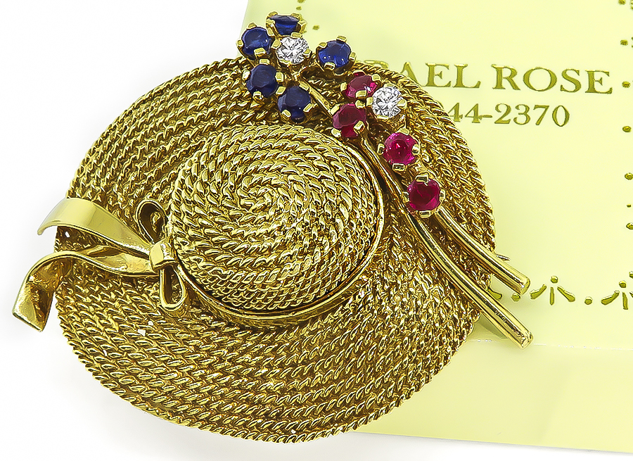 Vintage Diamond Sapphire Ruby Gold Hat Pin