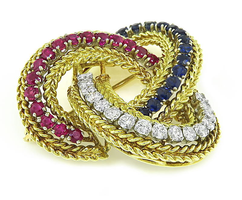 Vintage 1.40ct Diamond 1.40ct Sapphire 1.40ct Ruby Love Knot Pin