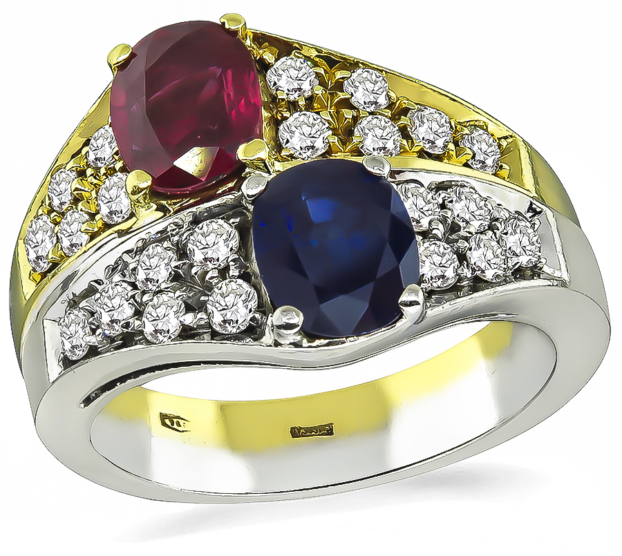 Estate 1.00ct Sapphire 1.00ct Ruby 0.95ct Diamond Ring