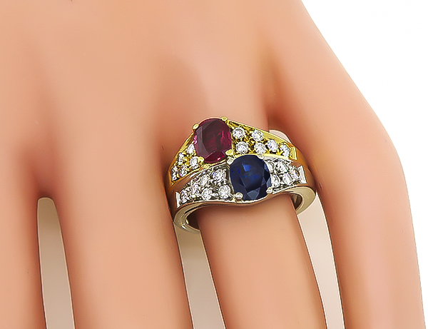 Estate 1.00ct Sapphire 1.00ct Ruby 0.95ct Diamond Ring