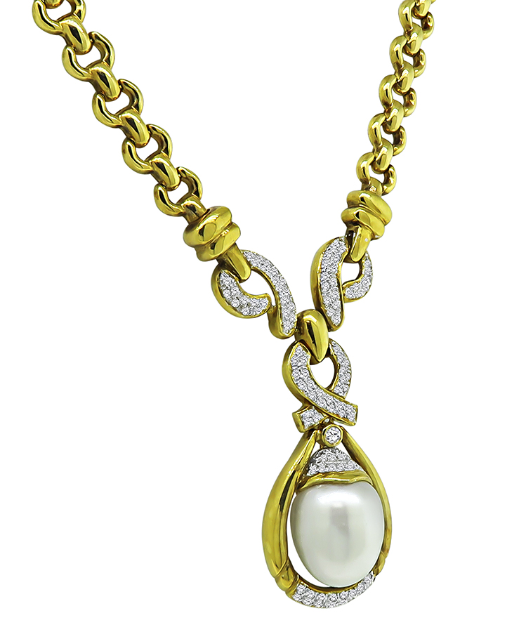 Estate 1.00ct Diamond South Sea Pearl Gold Necklace