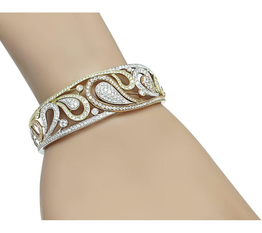 Estate 3.50ct Diamond Three Tone Gold Bangle