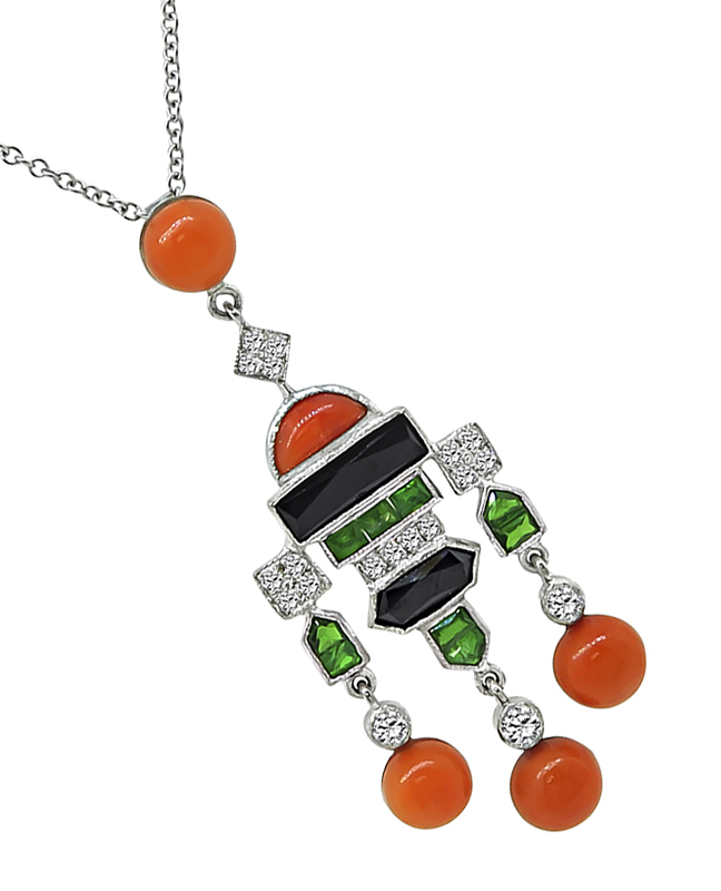 Estate Diamond Coral Onyx Tsavorite Pendant Necklace