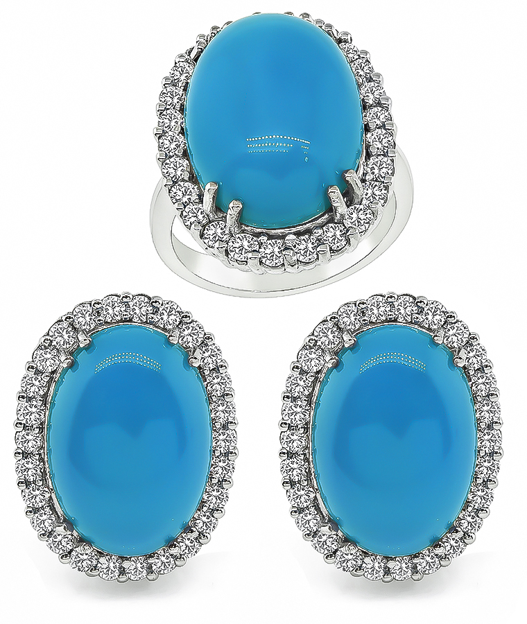 Estate Turquoise 3.00ct Diamond Ring and Earrings Set