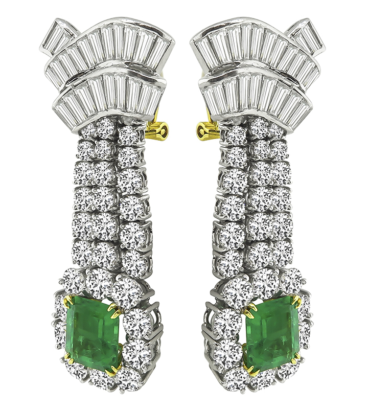 Estate 12.00ct Diamond 5.00ct Colombian Emerald Chandelier Earrings