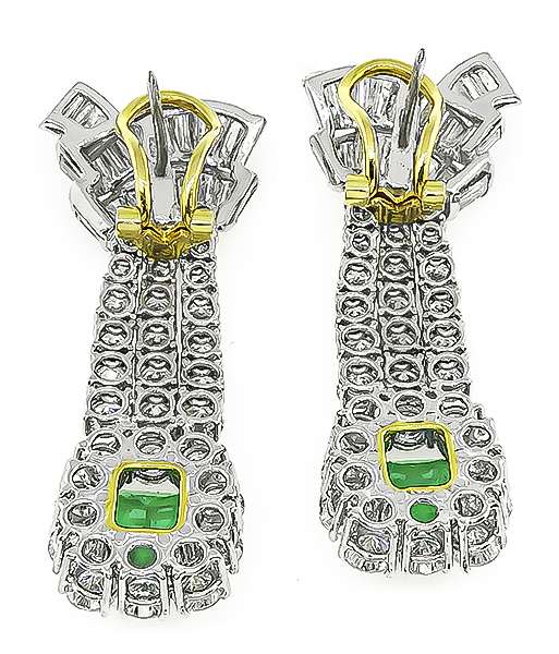 Baguette and Round Cut Diamond Emerald Cut Emerald 18k Gold Chandelier Earrings