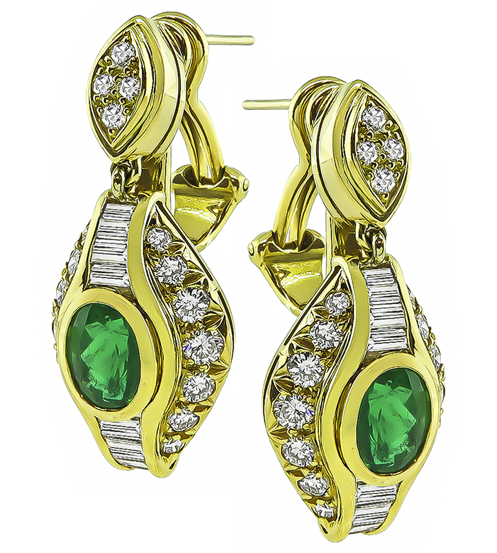Estate 2.00ct Diamond 2.00ct Colombian Emerald Drop Earrings