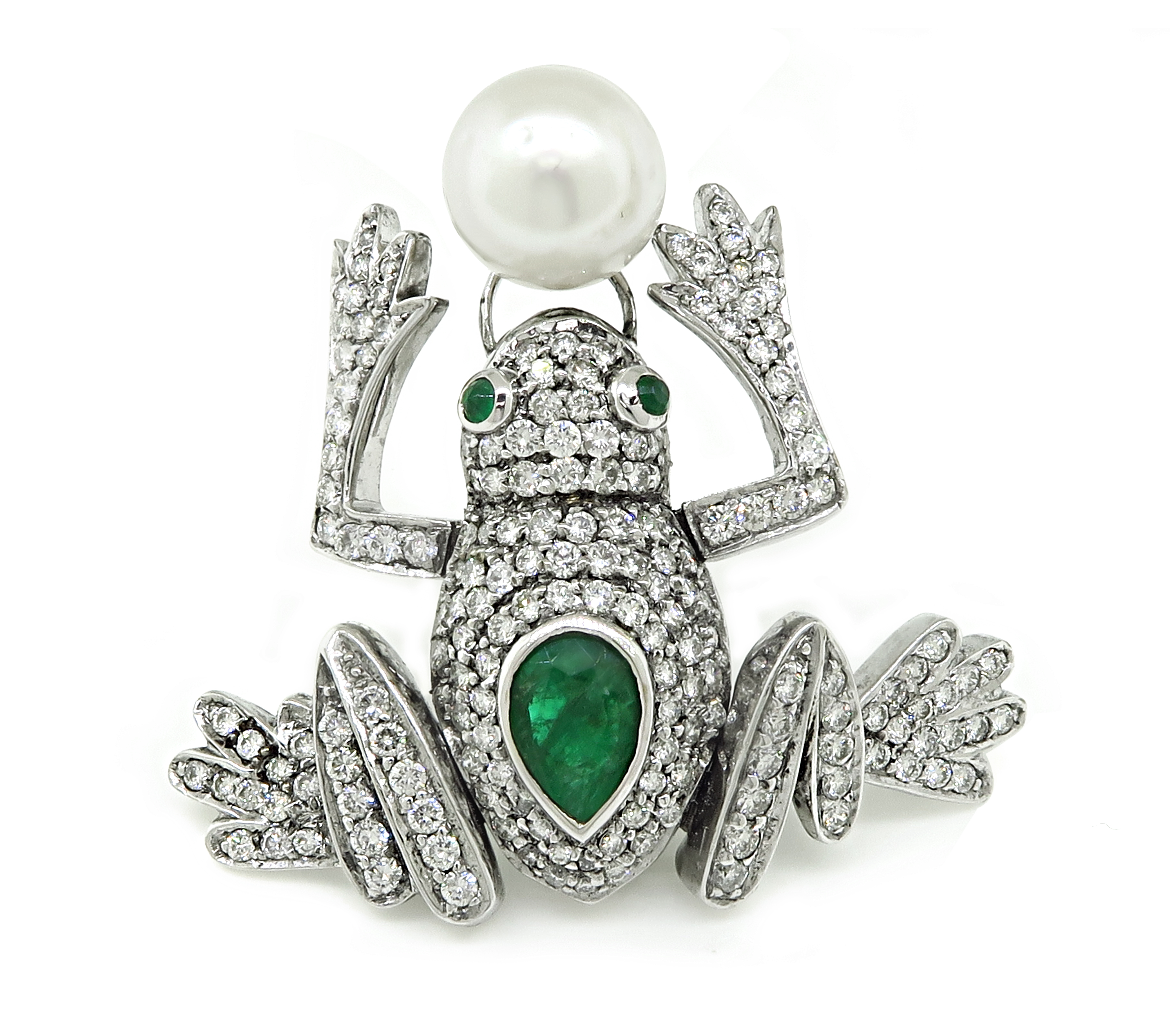 Estate 3.50ct Diamond 1.00ct Emerald Pearl Frog Pin