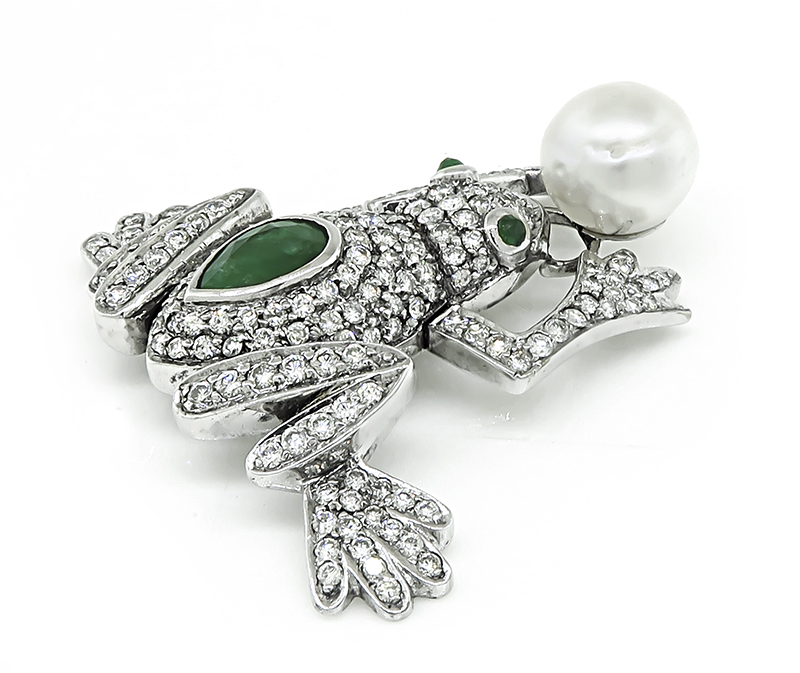 Estate 3.50ct Diamond 1.00ct Emerald Pearl Frog Pin