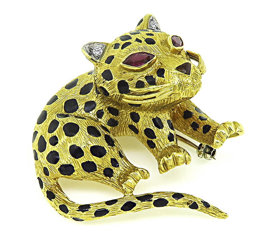 Estate Enamel Diamond Ruby Gold Cat Pin