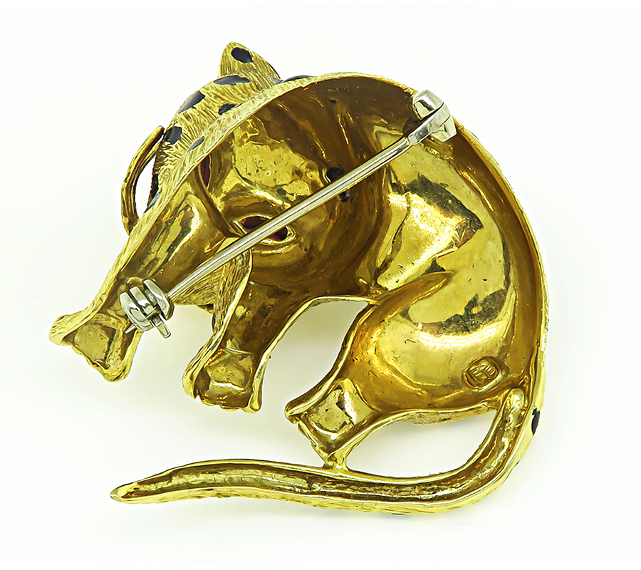 Estate Enamel Diamond Ruby Gold Cat Pin