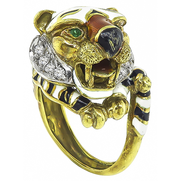 Estate Enamel 0.25ct Diamond Panther Ring