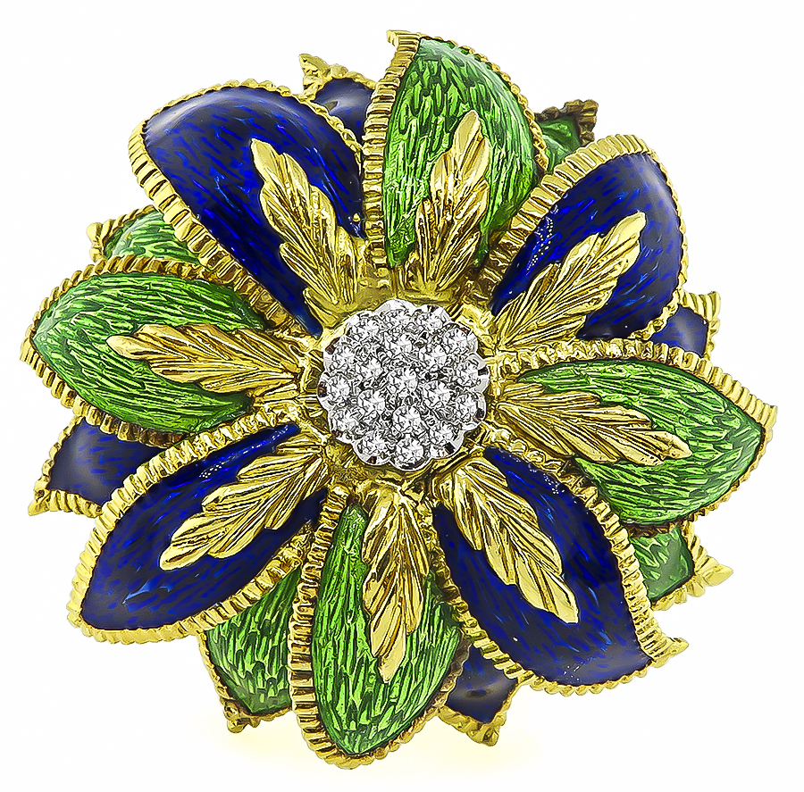 1960s 0.40ct Diamond Enamel Flower Pin