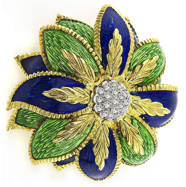 1960s 0.40ct Diamond Enamel Flower Pin