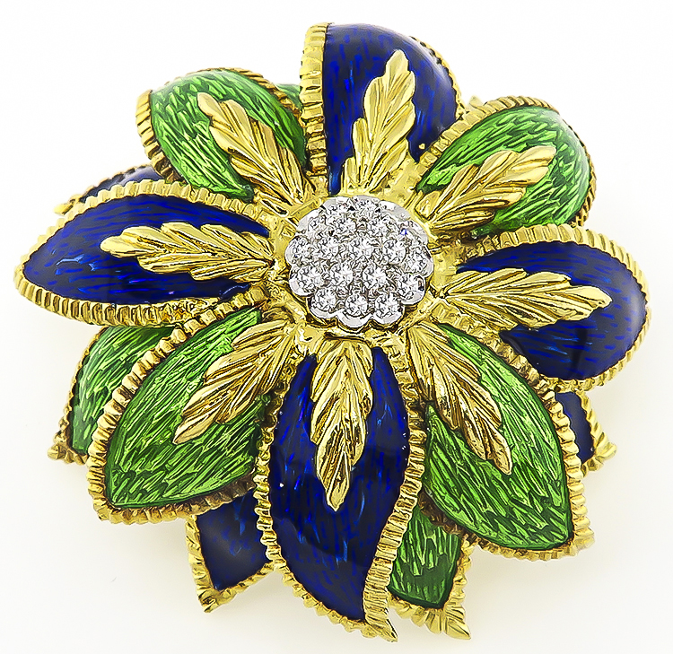 1960s 0.40ct Diamond Enamel Flower Pin