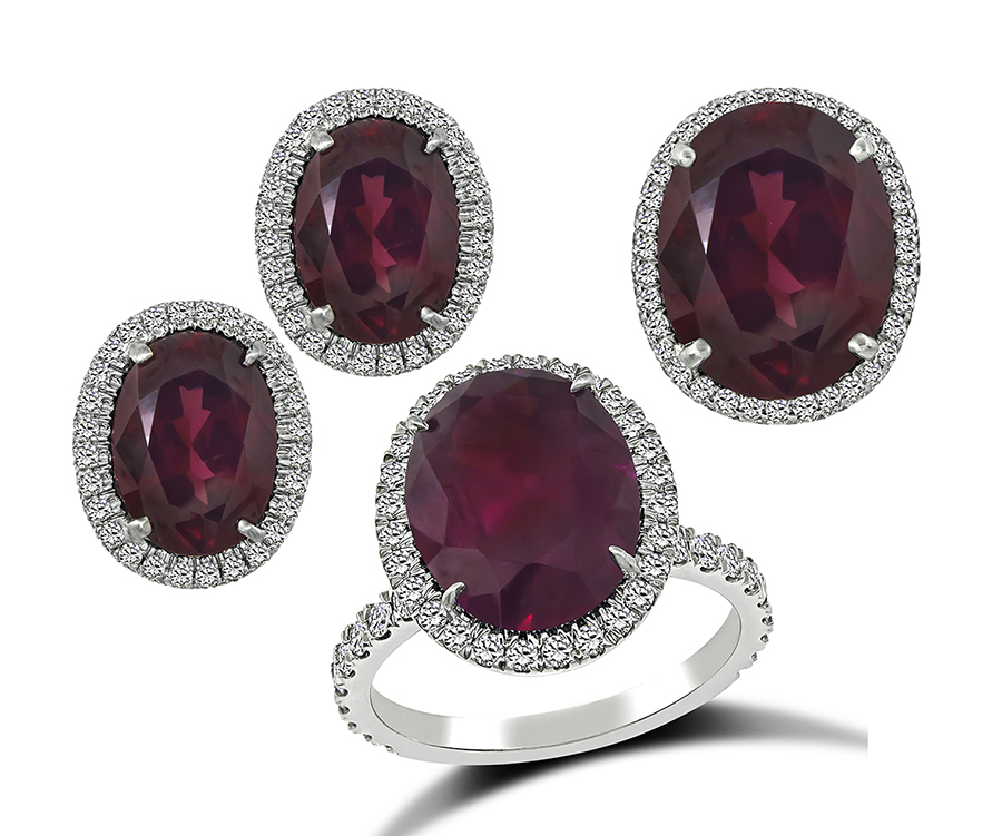 Garnet Diamond Earrings Ring and Pendant Set